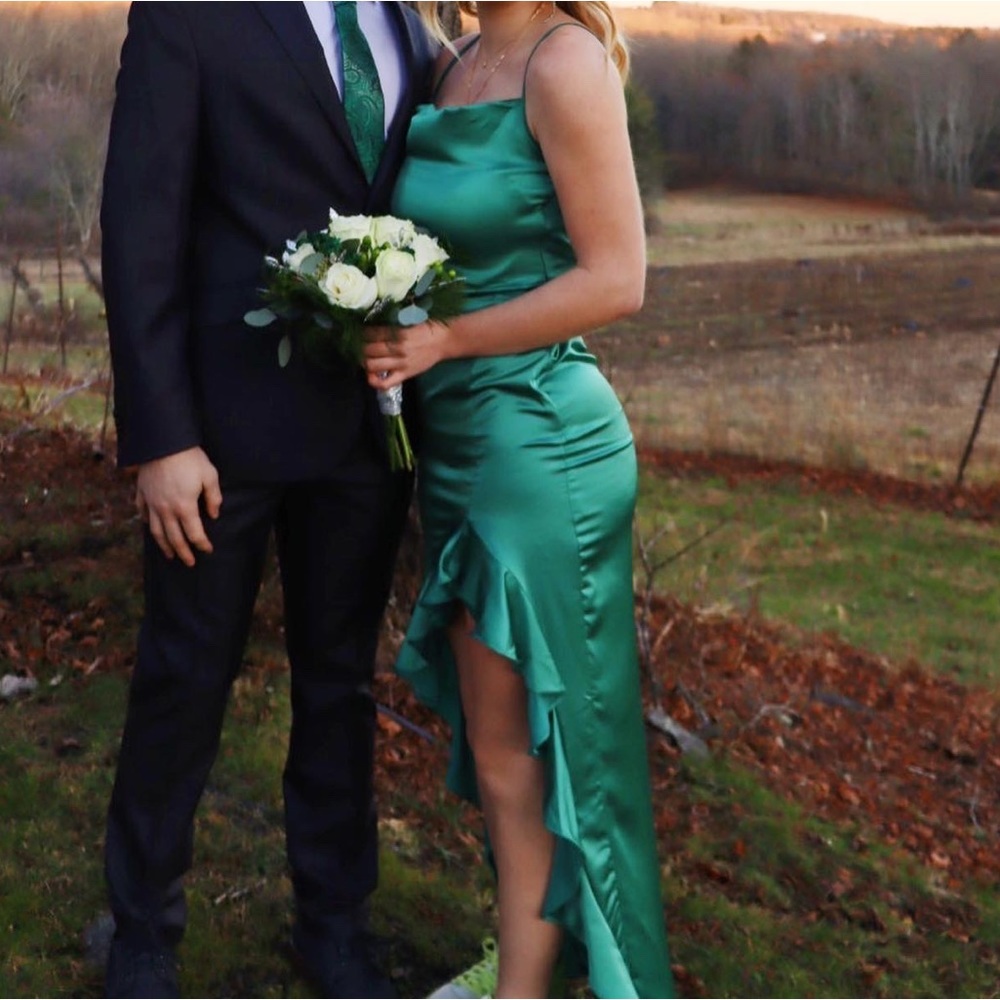 Emerald Green Satin Cowl Neck Formal Prom Dress Ruffle